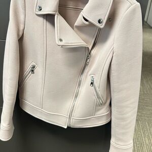 Ann Taylor Pale Pink Twill Modern Moto Jacket Notched lapel Silver Hardware